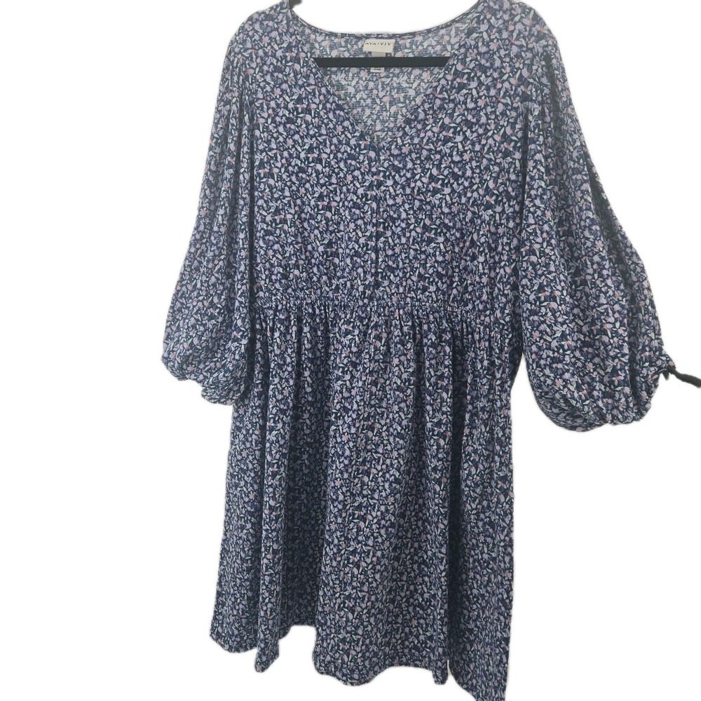AVA VIV Blue Floral Thick-Gauzy-Knit 3/4 Sleeve Dress With Pockets Size X (1X)